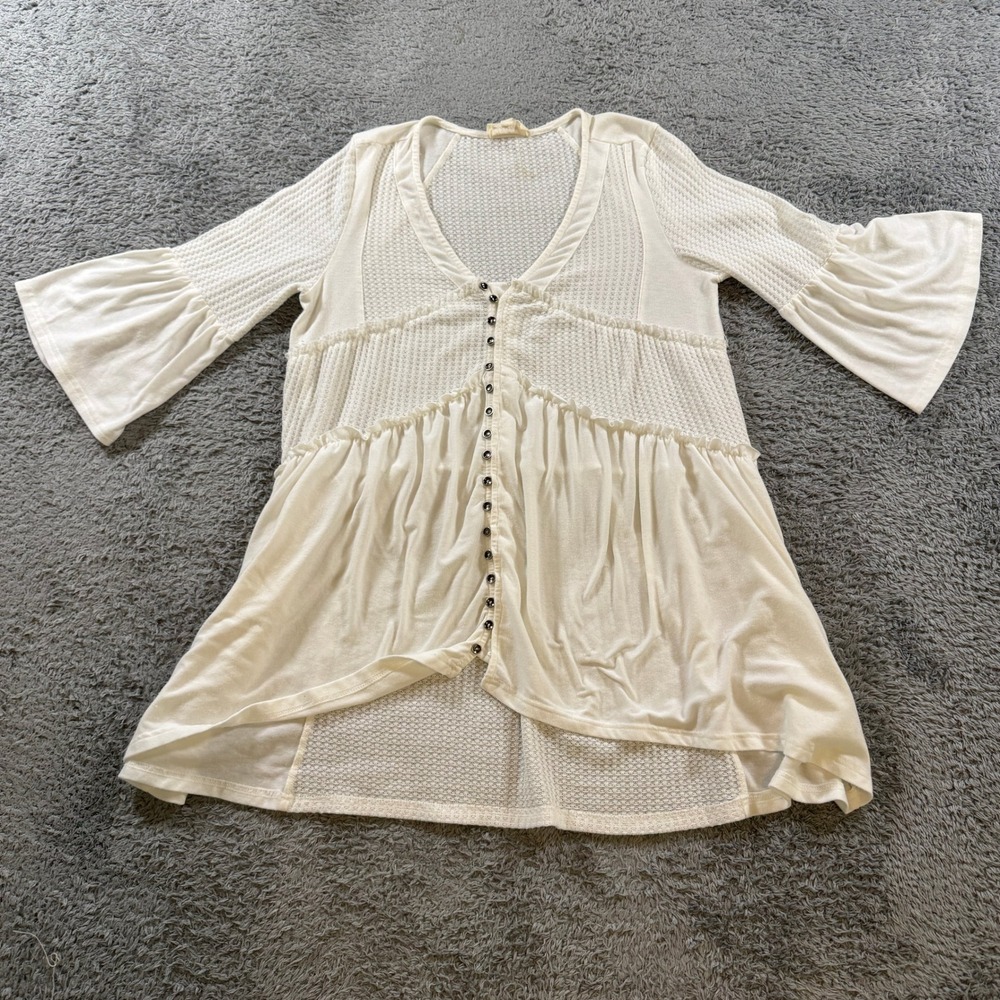 Listicle Women Small Ivory Waffle Knit Mixed Media Bell Sleeve Peplum Blouse Top